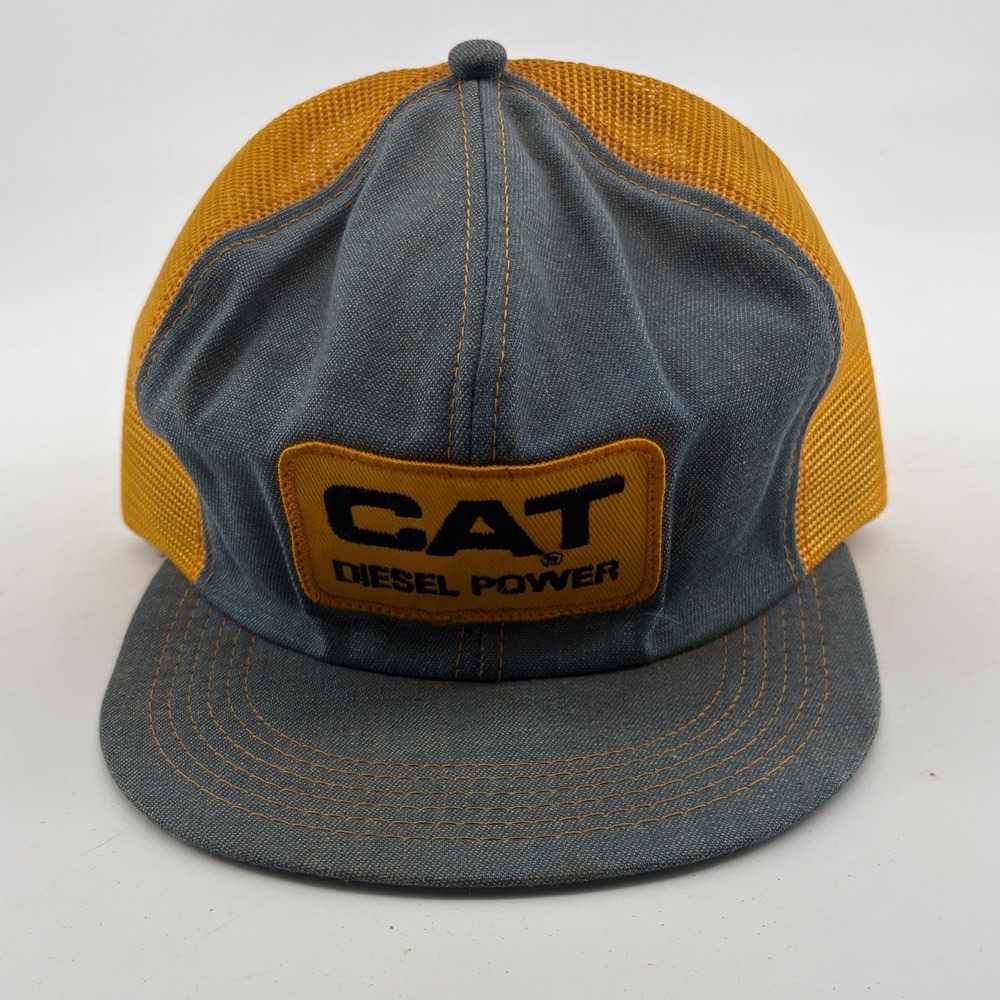 Vintage CAT Diesel Power Trucker Hat Denim Yellow Mesh Snapback Cap USA